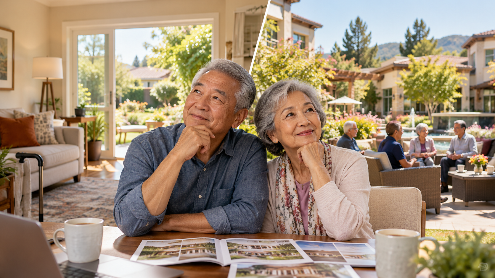 Older couple at home reviewing costs of aging in place vs. moving in Silicon Valley