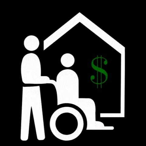 Icon of a caregiver helping a person in a wheelchair into a home, with a dollar sign