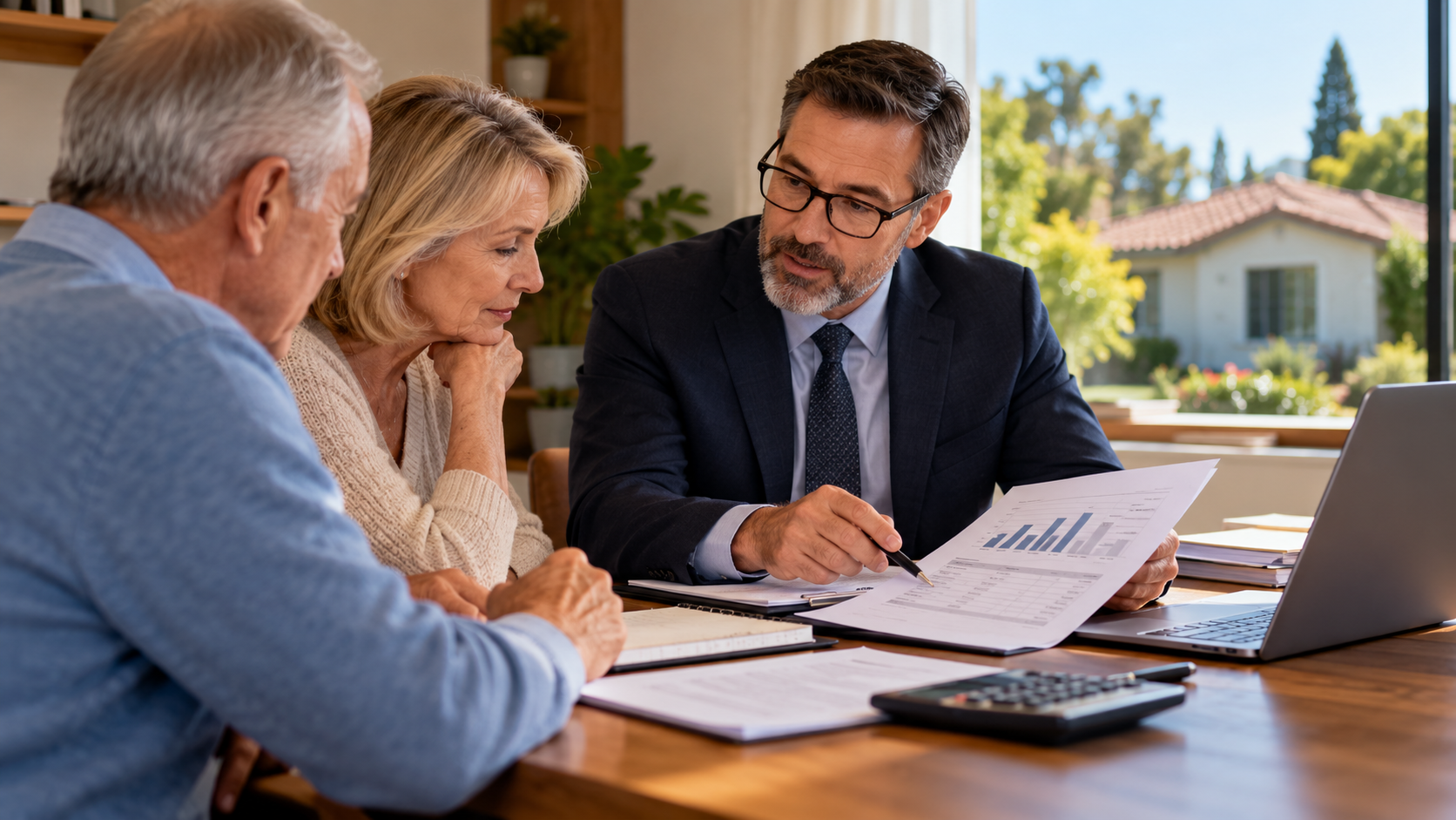 Heirs meeting with an advisor at a table to review capital gains tax on inherited property in California