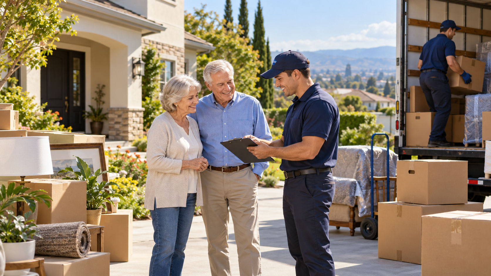 Older couple talking with movers beside stacked boxes, choosing a trustworthy moving company for a senior move