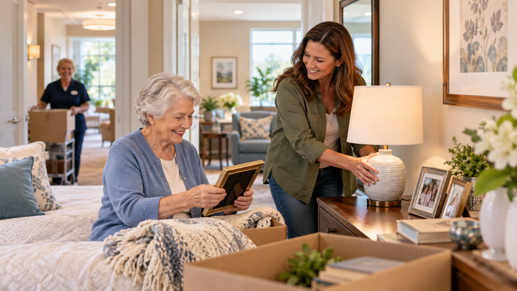Adult daughter helping her senior mother pack for a move into assisted living in Silicon Valley