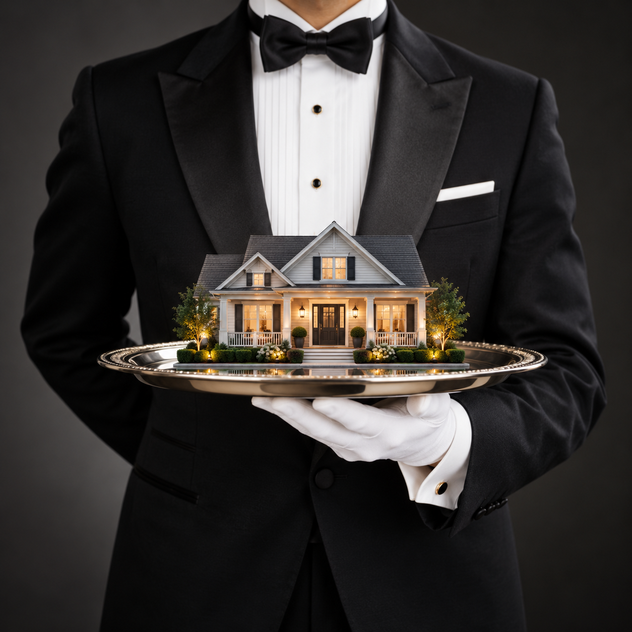 White-gloved butler presenting a home on a silver tray, Seb Frey's market-ready concierge service