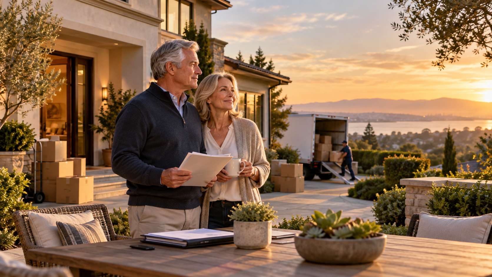 Older couple on a patio at sunset reviewing taxes on selling their Silicon Valley home to move near family