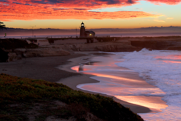 Sunset over the Santa Cruz lighthouse at Lighthouse Point