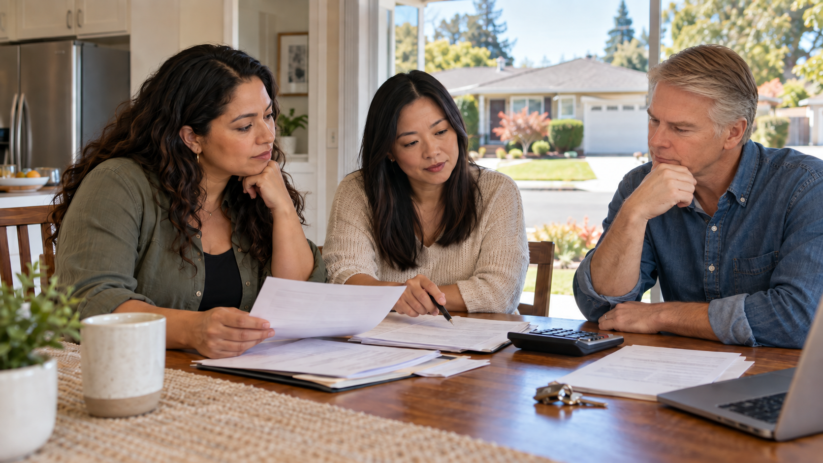 Family members at a table running the numbers on whether to sell, rent or keep an inherited house in Silicon Valley