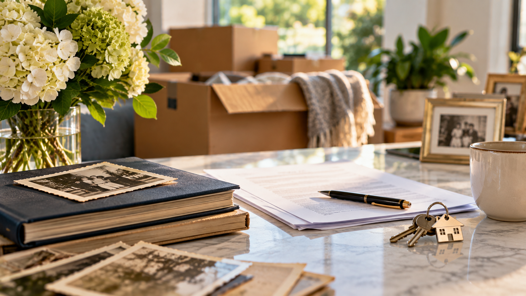 Moving boxes, flowers and paperwork on a table, selling a parent's house held in a living trust while they are alive