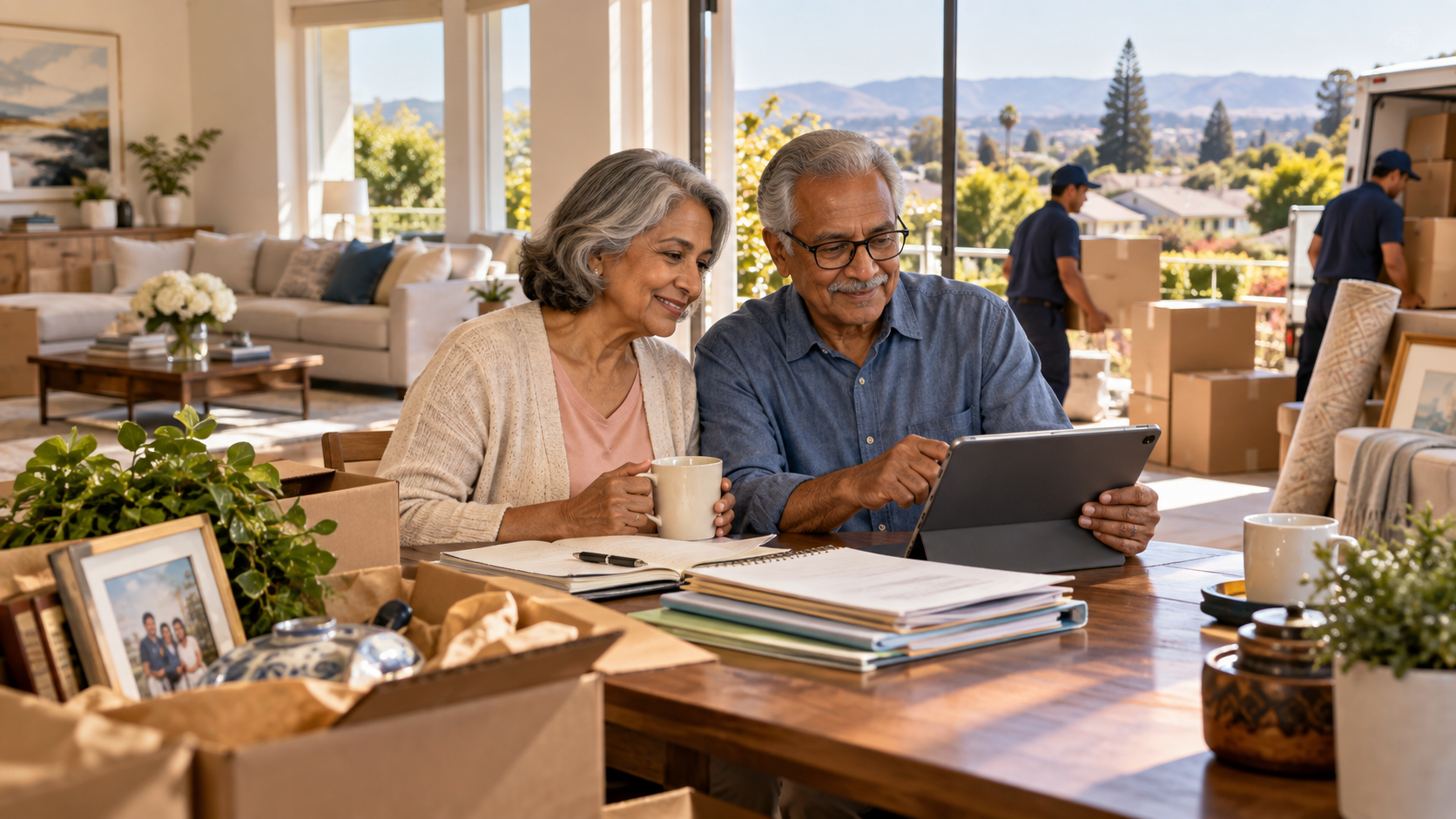 Senior couple planning a 90-day move with boxes and paperwork while selling their Silicon Valley home