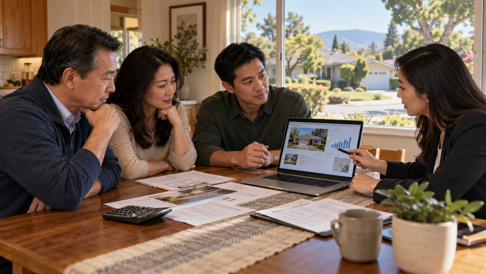 Siblings at a kitchen table reviewing documents to buy out each other's share of the family home under Prop 19