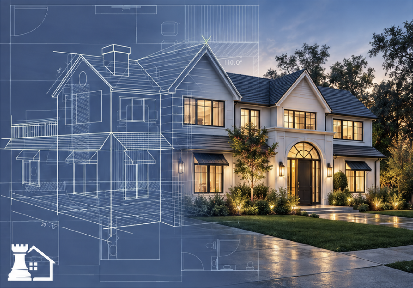 Blueprint drawing overlaid on a Silicon Valley home
