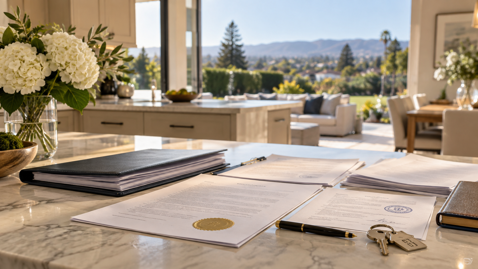 Trust documents, escrow papers and house keys on a desk, what title and escrow need to sell a California trust house