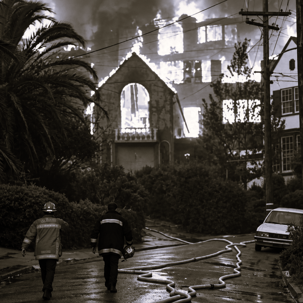 Firefighters Approach Blazing Suburban House