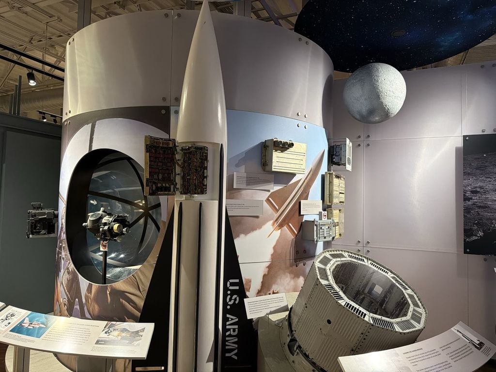 U.S. Army missile with exposed guidance computer circuit boards in the real-time computing gallery at the Computer History Museum