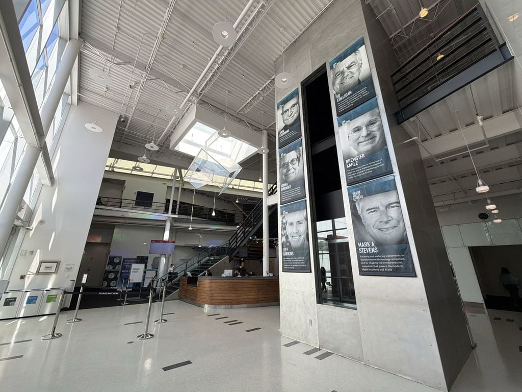 Computer History Museum lobby in Mountain View with 2026 CHM Fellows banners for Jeff Hawkins, Donna Dubinsky, Ed Colligan, John Chowning, Brewster Kahle and Mark Stevens