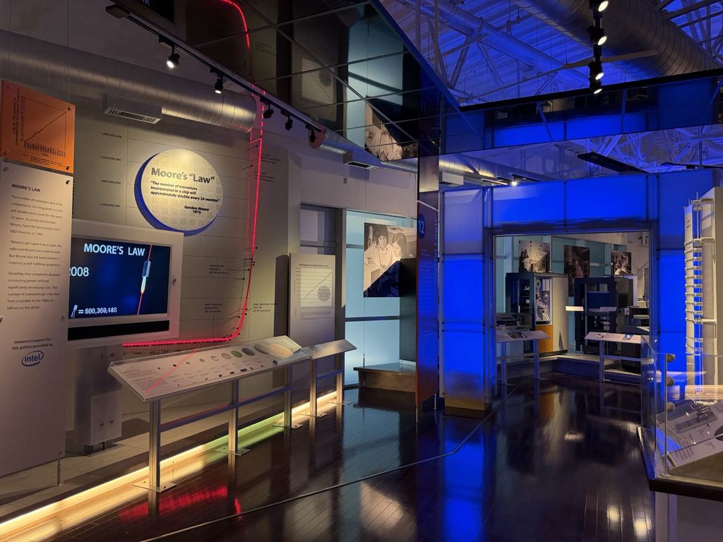 Moore's Law exhibit with Gordon Moore quote and transistor count chart at the Computer History Museum, sponsored by Intel