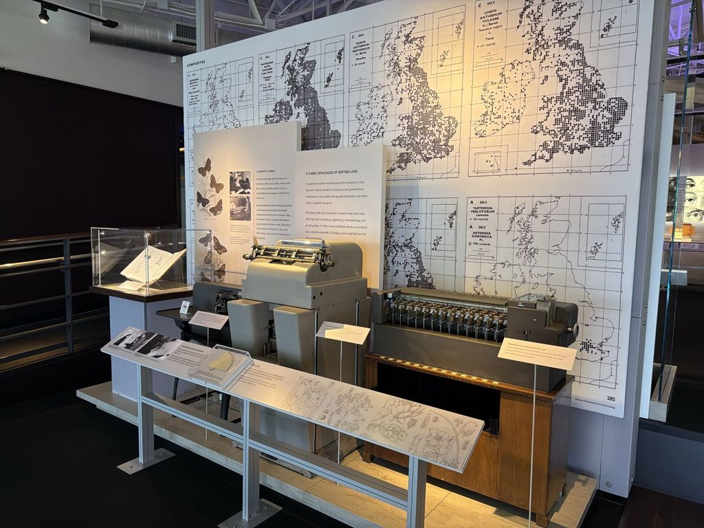 Powers-Samas punched card machines and British plant distribution maps in the A Card Catalogue of British Life exhibit at the Computer History Museum
