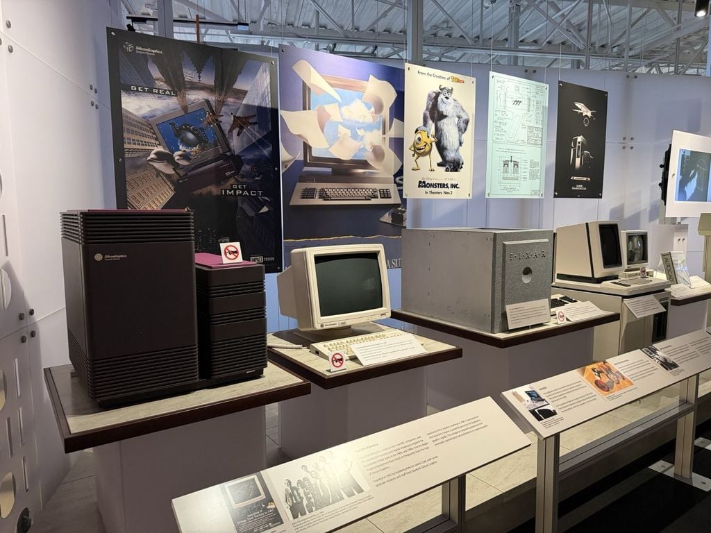Silicon Graphics workstations and Pixar Image Computer with Monsters Inc poster in the computer graphics exhibit at the Computer History Museum