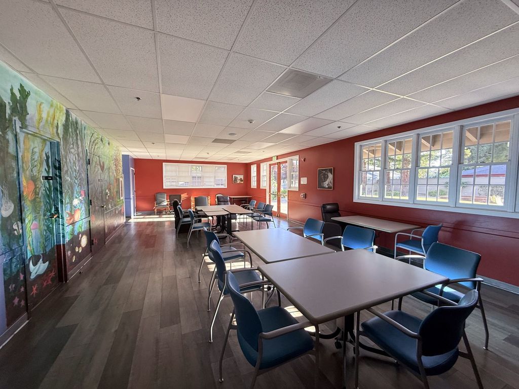 Activity room with a hand-painted undersea mural and windows facing the backyard at Hearts & Minds dementia day program in San Jose
