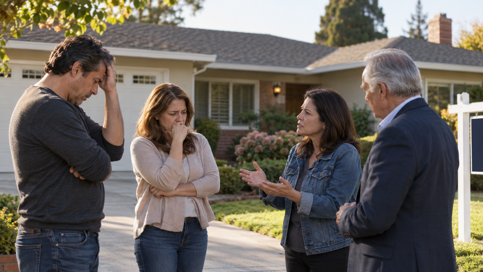 Siblings disagreeing in front of their late parents' house about selling a probate home in California