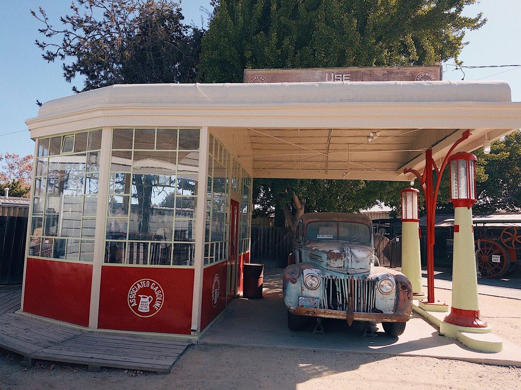 1927 Associated Oil service station with vintage pickup truck at History Park San Jose