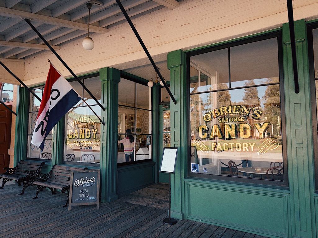 O'Brien's Candy Store storefront with gold leaf window lettering at History Park San Jose
