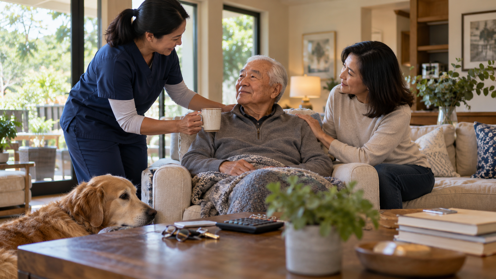 In-home caregiver helping an elderly father in his living room as his daughter looks on, paying for home care in Silicon Valley