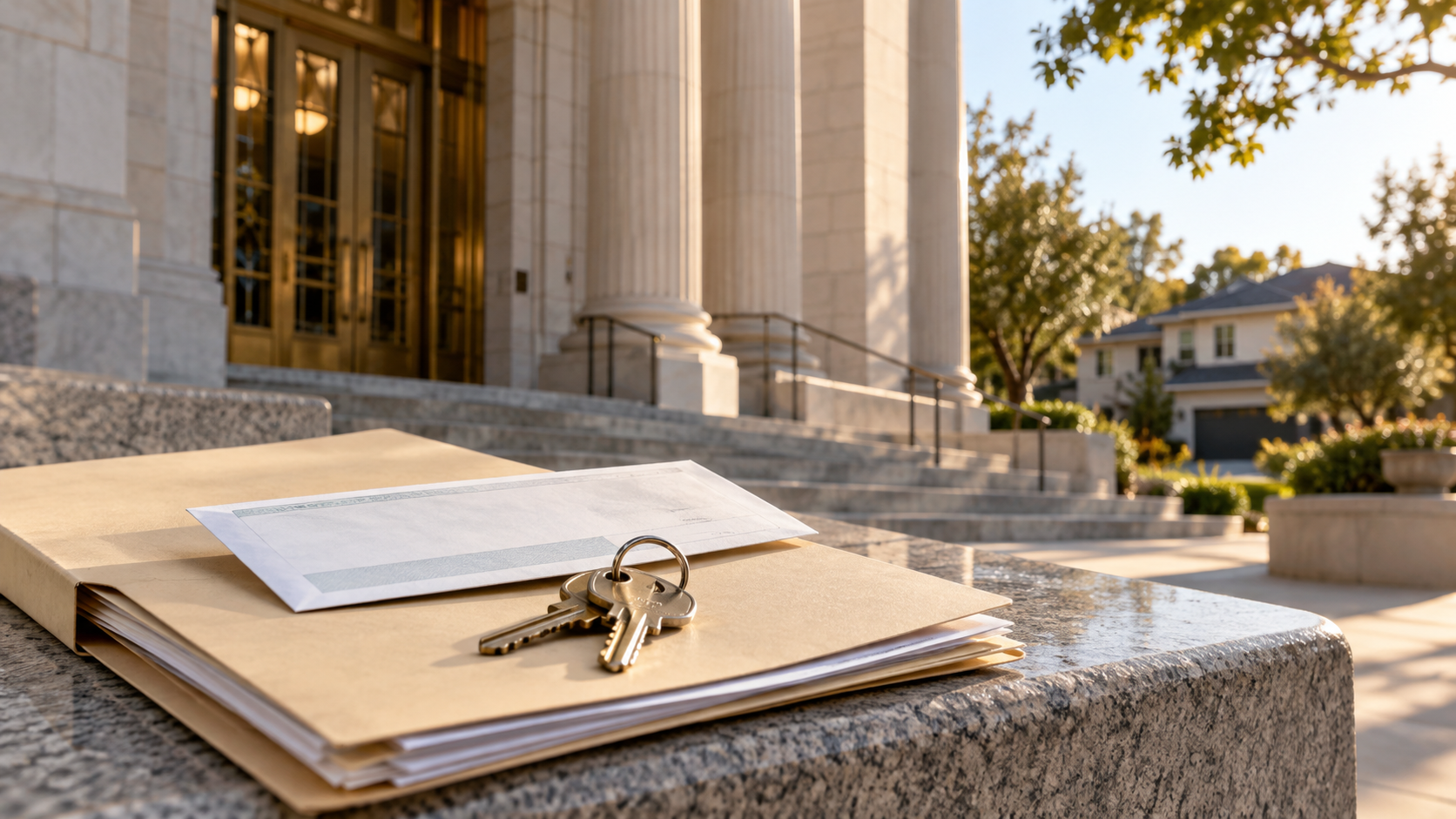 Legal folder and keys on a ledge outside a Santa Clara County courthouse for a probate overbid and confirmation hearing