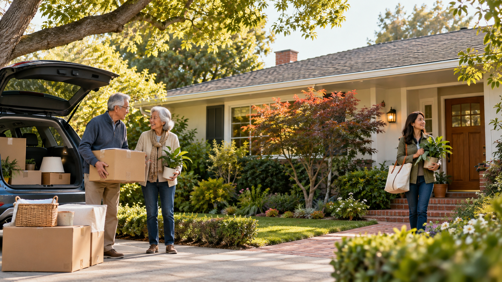 Family unloading moving boxes in front of a Silicon Valley home, explaining California Prop 19 property tax rules