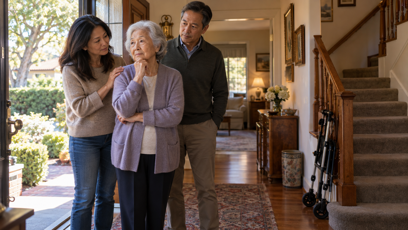 Senior mother with her adult son and daughter at home weighing whether to sell now or let the kids inherit the house