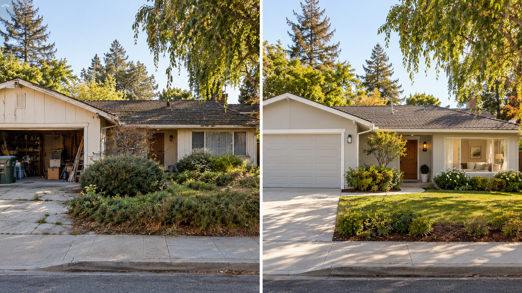 Side-by-side photos of a probate house before and after fix-up, comparing selling as-is vs. making repairs