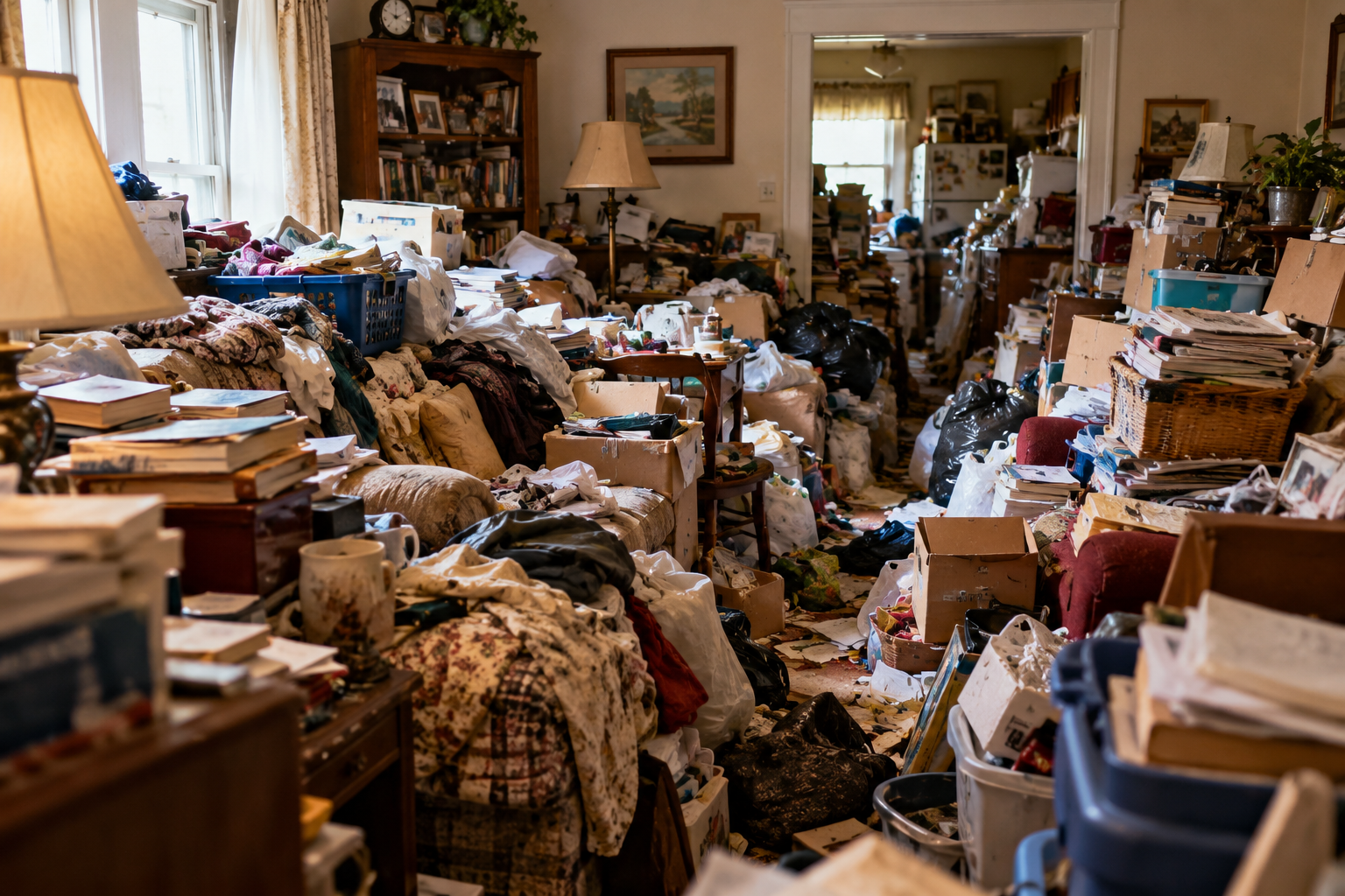 Cluttered room packed with boxes and belongings inside a hoarded house being prepared for sale in Silicon Valley
