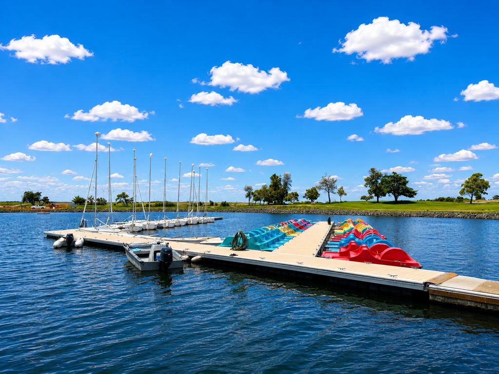 Floating dock at Shoreline Lake in Mountain View lined with colorful pedal boats and small sailboats