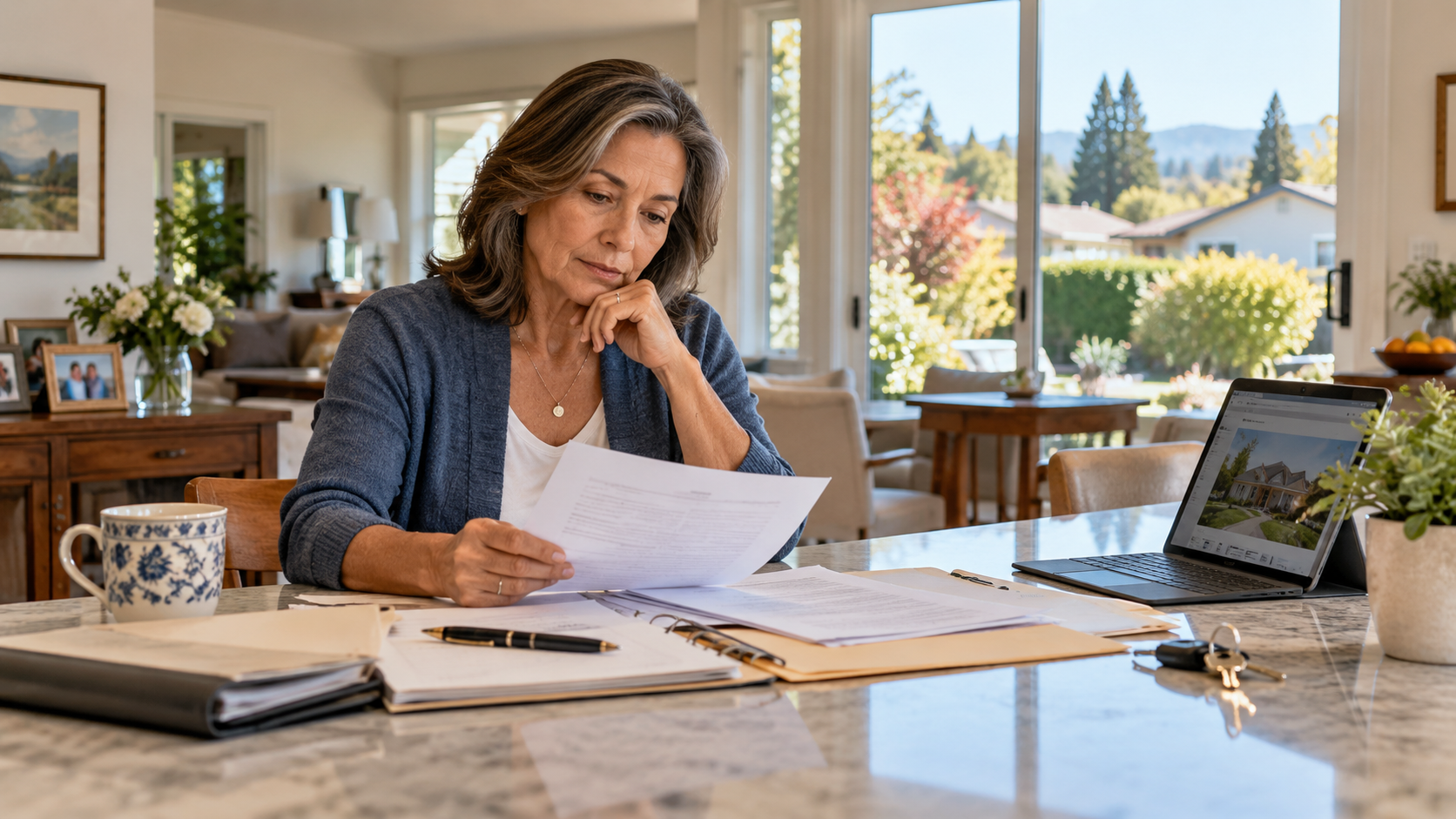 Successor trustee reviewing trust documents at a table while preparing to sell a house in California