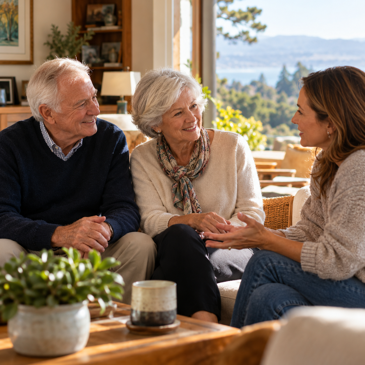 Adult daughter and her mother reviewing a transition plan together at the kitchen table