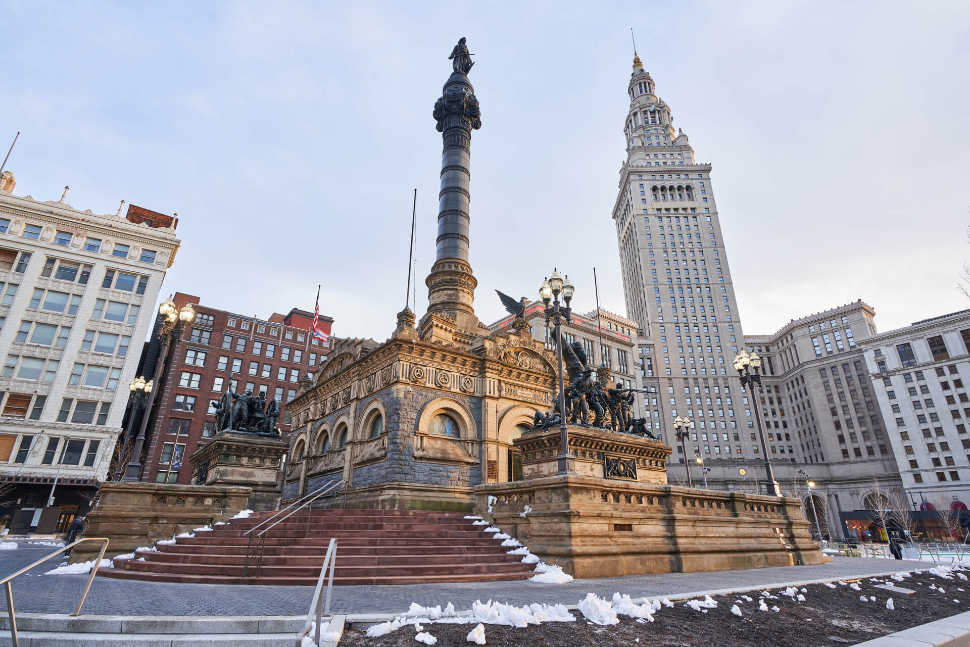 Soldiers and Sailors Monument with surrounding buildings in Cleveland, Ohio