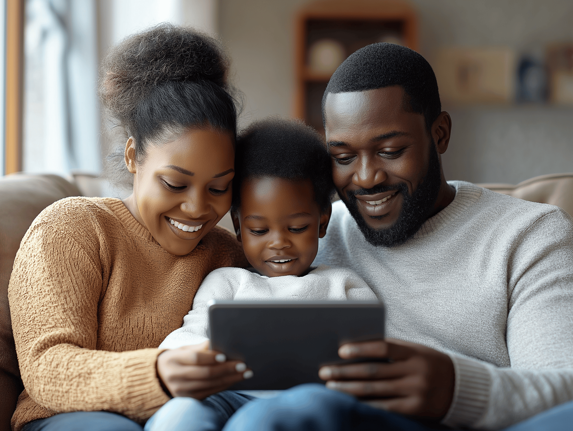 Family Sitting on Couch Looking at Tablet