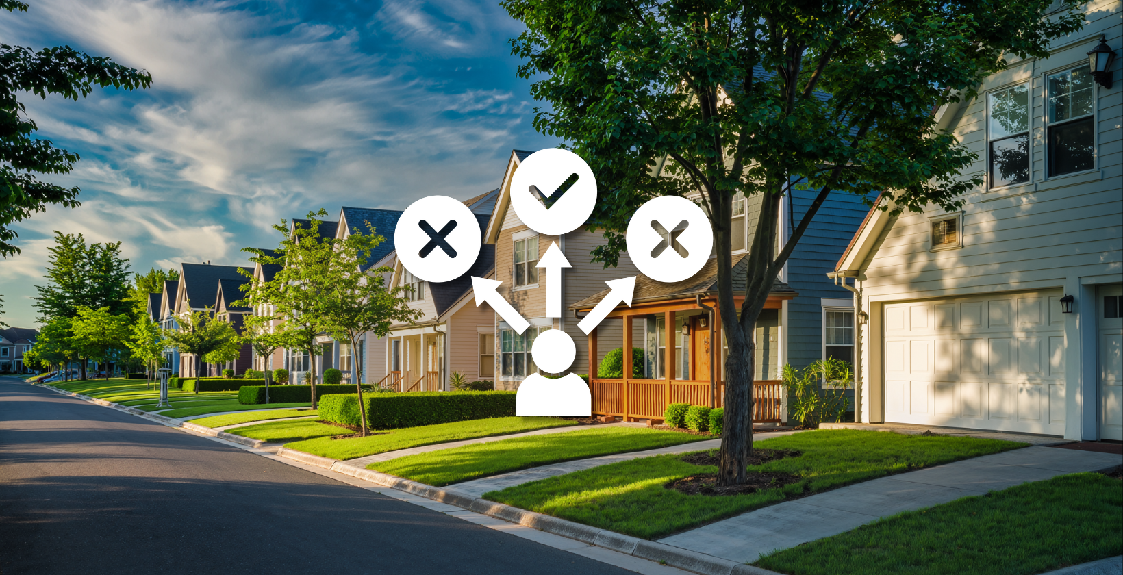 Neighborhood street representing thoughtful decision-making when buying an affordable home