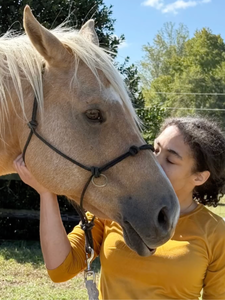 Jennifer connecting with a horse during an equine assisted learning session at Triangle EAL in Wendell, NC.