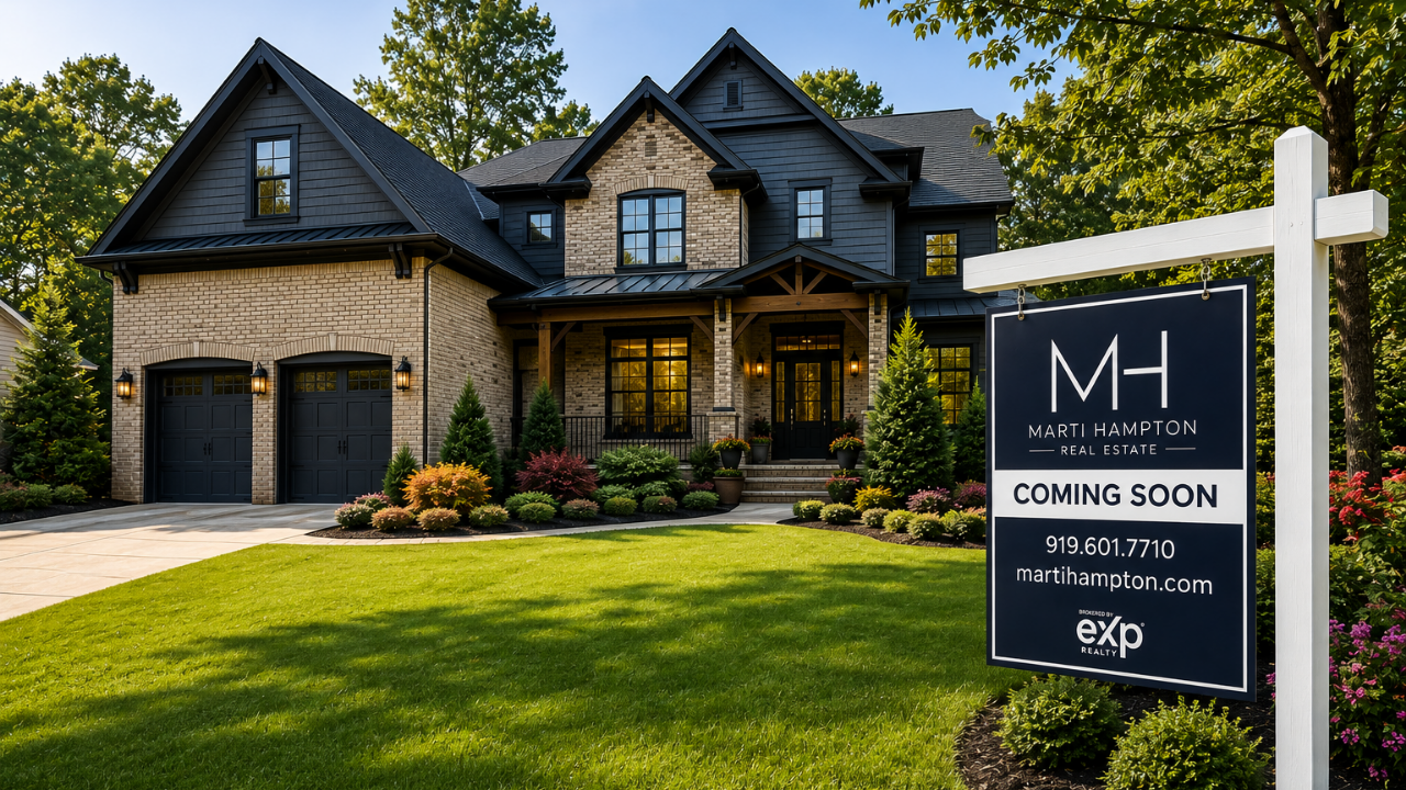 Marti Hampton Real Estate Coming Soon sign in front of a Raleigh-area home