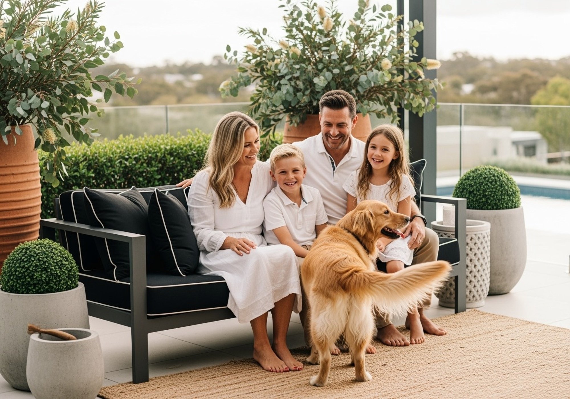 Outdoor photo of a happy family with their pet sitting on a modern outdoor sofa with black cushions and white piping, set in a luxurious australian-style patio. (1)
