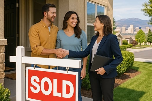 Happy Reno homeowners closing fast sale with local real estate agent in front of sold home.