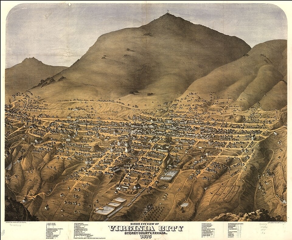Historic birds-eye view of Virginia City Nevada