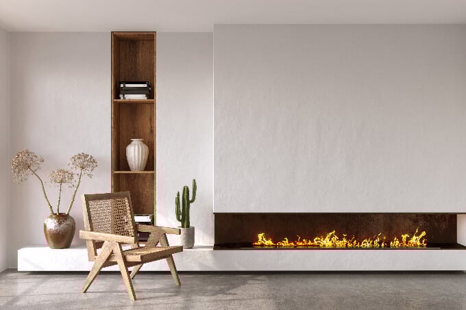 Minimalist living room interior with modern fireplace and white walls. Interior mockup (small)