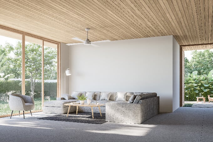 Modern contemporary loft living room with open door to garden (small)