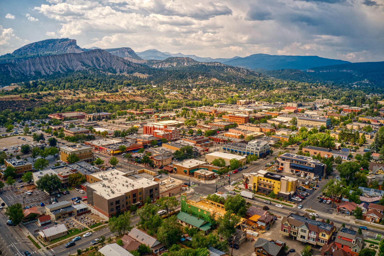 Aerial view over in-town Durango, Colorado and the Animas Valley