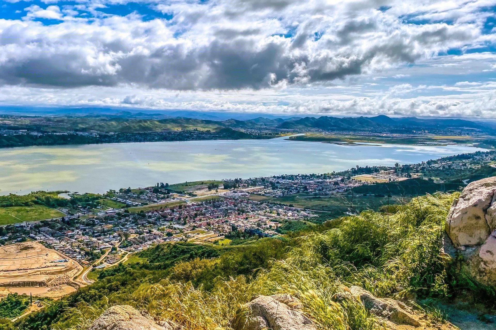 Picture of Lake Elsinore from high atop a mountain. This algae filled lake looks less menacing from above.