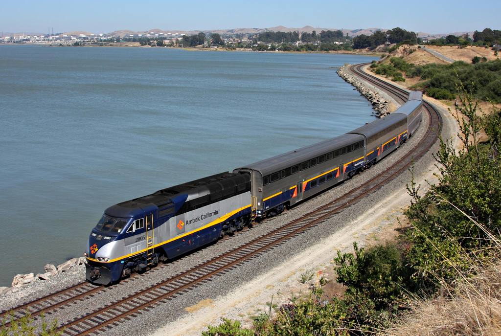 Capitol Corridor train on the tracks along the Pinole shoreline, 2011