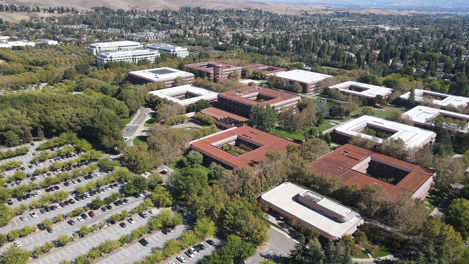 Aerial drone view of the former Chevron headquarters campus at Bishop Ranch in San Ramon, California, September 2022