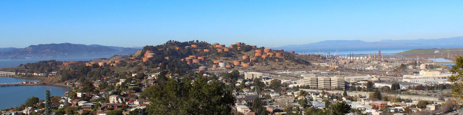 Chevron Richmond refinery seen from Nichol Knob in Miller/Knox Regional Shoreline, Richmond, California, December 2023