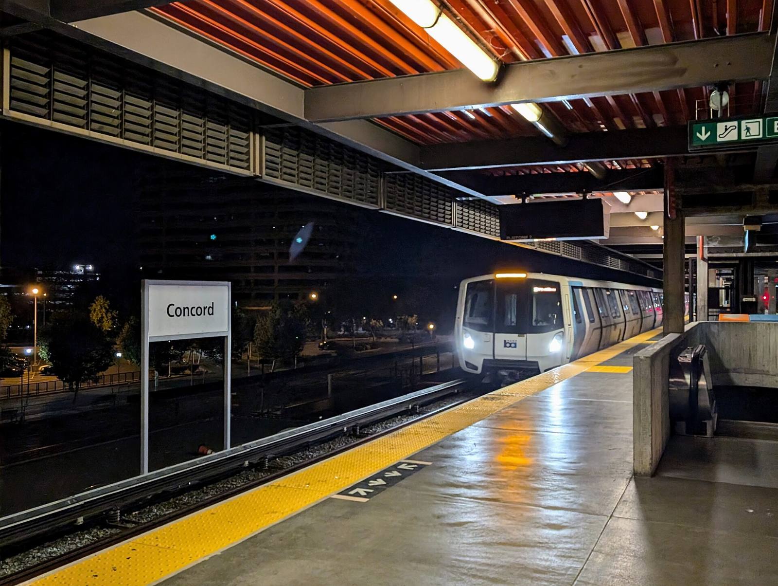 Yellow Line BART train at the Concord station platform, 2024