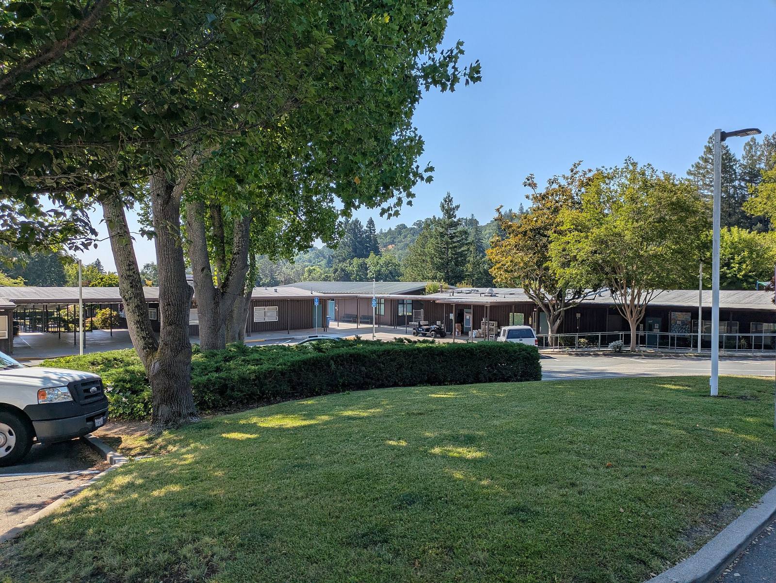 Happy Valley Elementary School buildings and front lawn on Happy Valley Road, Lafayette, California, July 2025